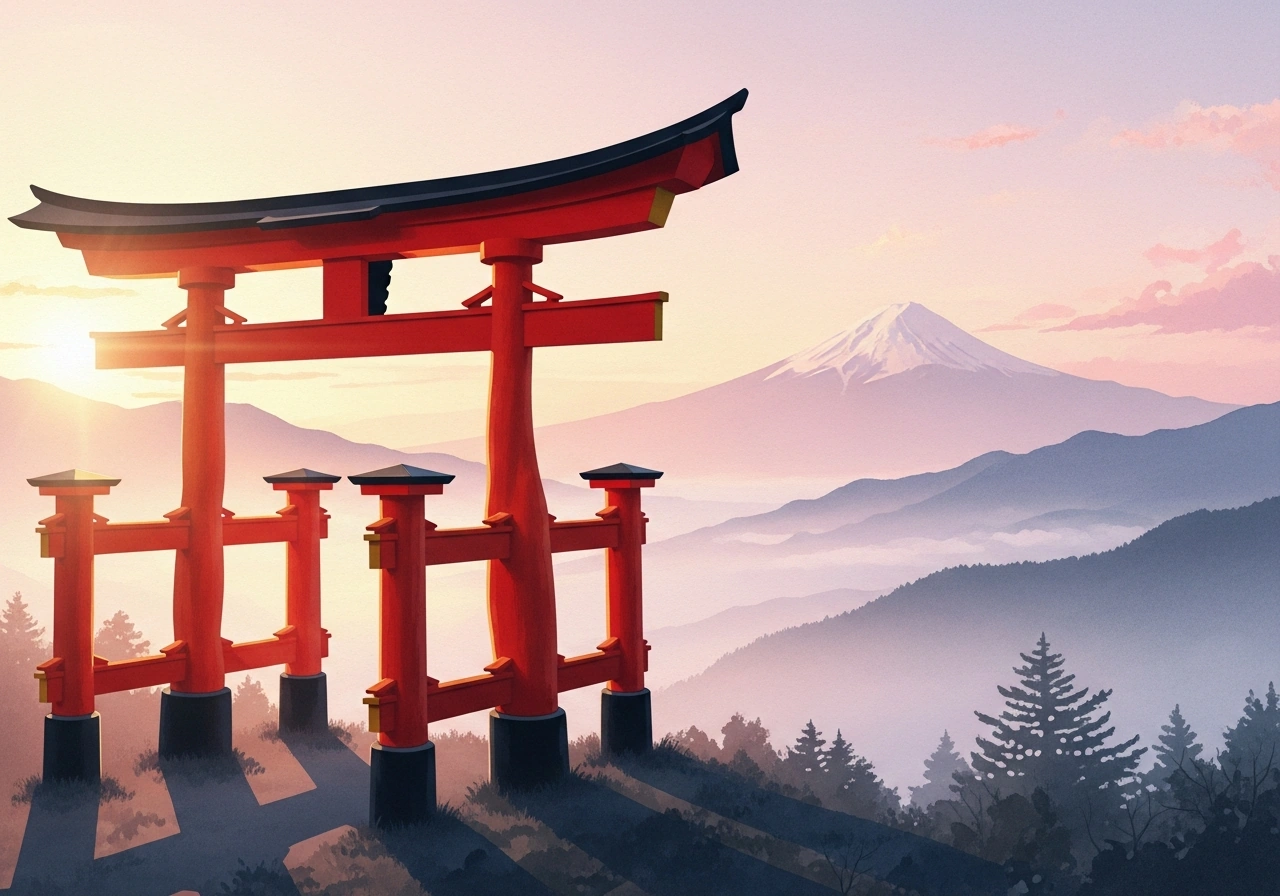 日本の鳥居と山並み